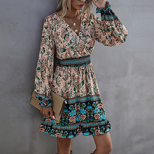 

Women's Sundress Short Mini Dress Beige Long Sleeve Floral Color Block Print Spring Summer V Neck Casual Boho 2021 S M L XL
