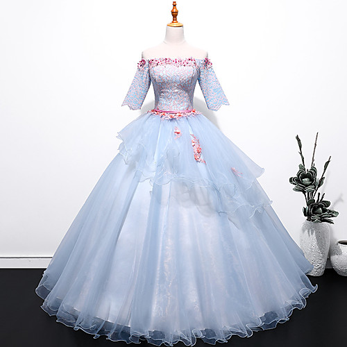 

Ball Gown Elegant Floral Quinceanera Formal Evening Dress Off Shoulder Half Sleeve Floor Length Tulle with Pleats Appliques 2021