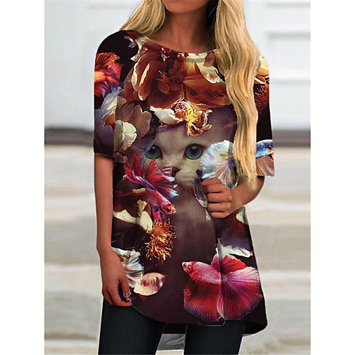 

Women's T Shirt Dress Tee Dress Short Mini Dress Black Half Sleeve Cat Animal Print Spring Summer Round Neck Casual 2021 S M L XL XXL 3XL