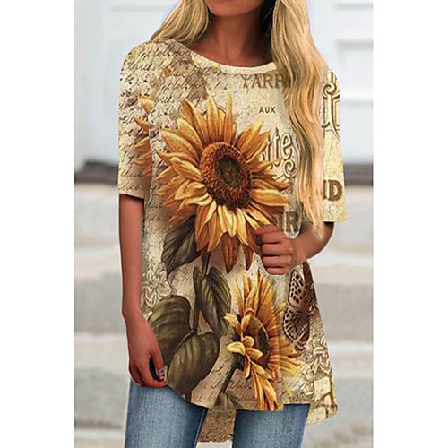 

Women's T Shirt Dress Tee Dress Short Mini Dress White Yellow Khaki Beige Half Sleeve Floral Color Block Print Spring Summer Round Neck Casual 2021 S M L XL XXL 3XL