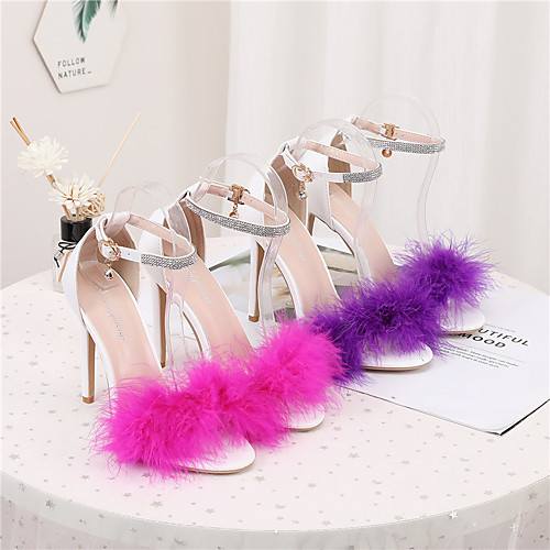 

Women's Sandals Pumps Open Toe Business Sexy Minimalism Party & Evening Office & Career Rabbit Fur PU Feather Buckle Solid Colored Purple Red