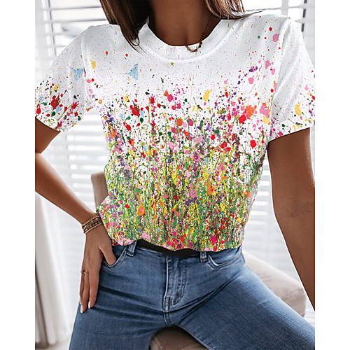 

Women's T shirt Graphic Floral Print Round Neck Tops Basic Basic Top White Blue Yellow