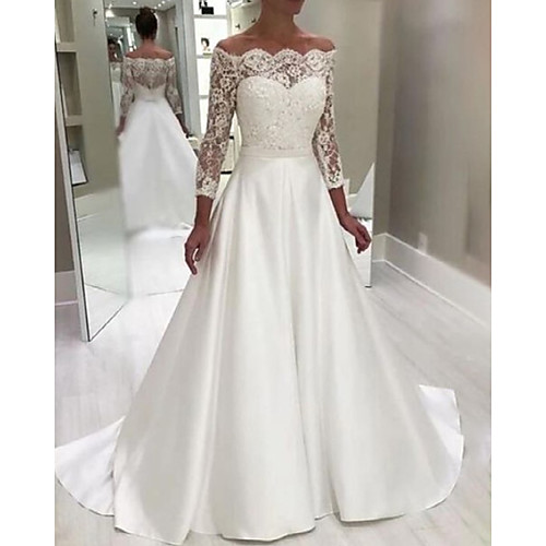

A-Line Wedding Dresses Off Shoulder Floor Length Lace Satin Long Sleeve Country Romantic with Appliques 2021