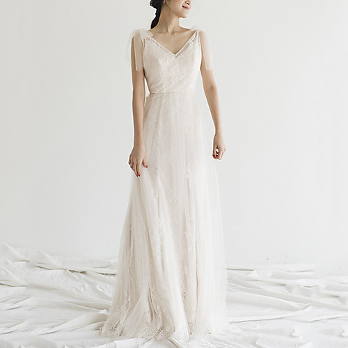 

A-Line Wedding Dresses V Neck Floor Length Lace Tulle Sleeveless Romantic Beach with Bow(s) Appliques 2021