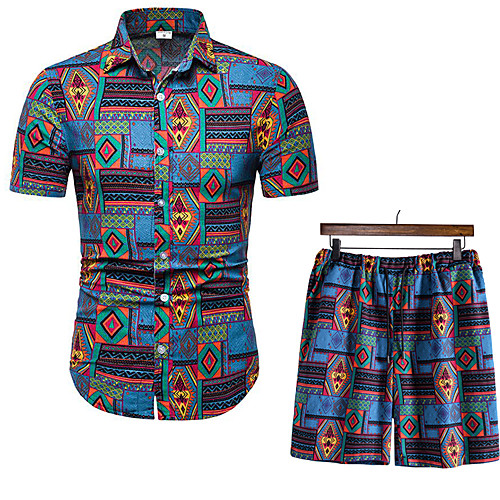 

Men's Shirt Other Prints Fruit Animal 2pcs Print Short Sleeve Vacation Tops Beach Boho Blue