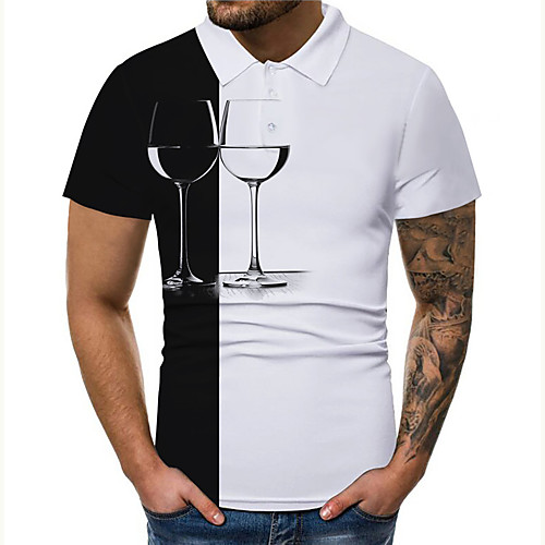 

Men's Polo 3D Print Patchwork Graphic Prints Button-Down Print Short Sleeve Casual Tops Casual Designer Big and Tall Black / White