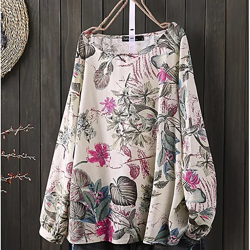 

Women's Blouse Floral Long Sleeve Patchwork Round Neck Tops 100% Cotton Basic Basic Top Red Yellow Dusty Blue