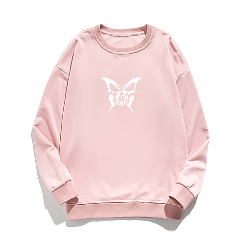 

Women's Pullover Sweatshirt Butterfly Print Daily Other Prints Basic Hoodies Sweatshirts White Blue Blushing Pink