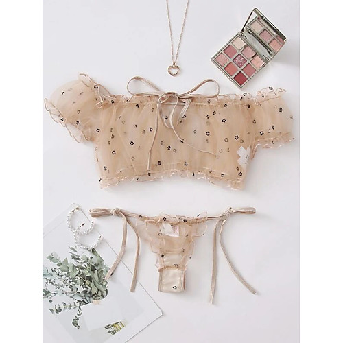 

Women's Layered Lace Hole Matching Bralettes Suits Nightwear Polka Dot Bra Light Brown XS S M