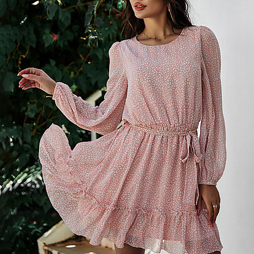 

Women's Chiffon Dress Knee Length Dress Light Blue Light Green Pink Black Red Green Long Sleeve Polka Dot Spring Summer Round Neck Elegant Casual 2021 S M L XL