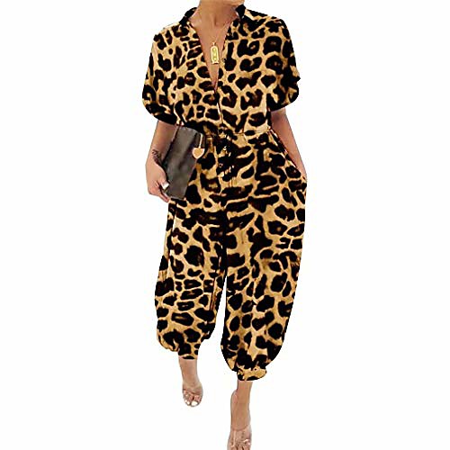 

vaceky women's harem jumpsuits casual leopard romper belted high waist long pants overall plus size yellow