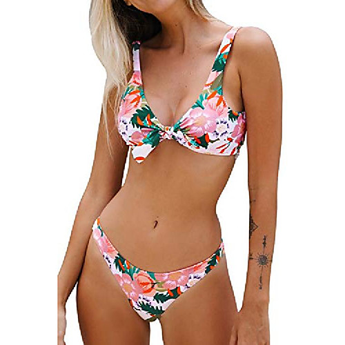 

Women's Low Rise Floral Knotted V Neck Reversible Bottom Bikini Sets, XS