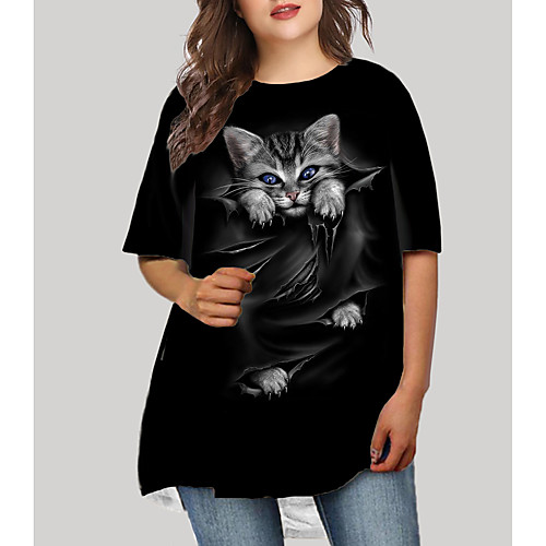 

Women's Plus Size Dresses T Shirt Dress Tee Dress Short Mini Dress Half Sleeve Cat Graphic Animal Print Basic Fall Black XL XXL 3XL 4XL 5XL / Holiday