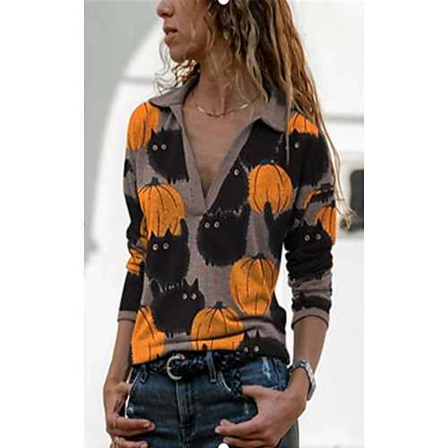 

Women's Blouse Shirt Cat Pumpkin Long Sleeve Print Shirt Collar Tops Basic Basic Top Brown