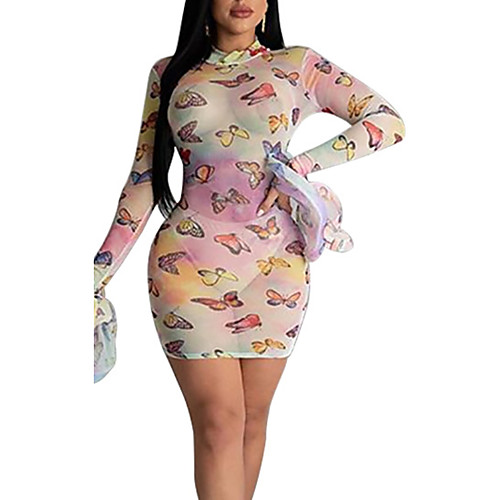 

Women's Sheath Dress Short Mini Dress White Blue Blushing Pink Orange Long Sleeve Tie Dye Bow Summer Round Neck Casual Sexy Mesh S M L XL