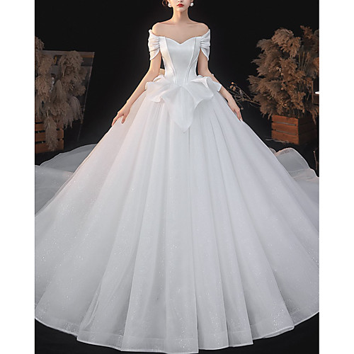 

Princess Ball Gown Wedding Dresses Off Shoulder Chapel Train Satin Tulle Short Sleeve Formal Luxurious Sparkle & Shine with Pleats Sequin 2021