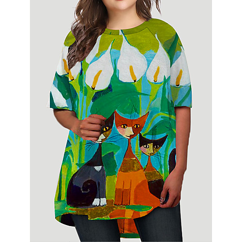 

Women's Plus Size Dresses T Shirt Dress Tee Dress Short Mini Dress Half Sleeve Cat Graphic Animal Print Basic Fall Green XL XXL 3XL 4XL 5XL / Holiday
