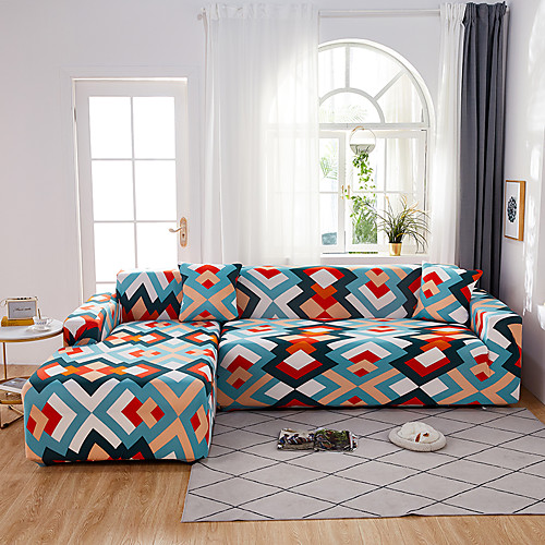 

Colorful Geometric Print Bohemian Dustproof All-powerful Slipcovers Stretch L Shape Sofa Cover Super Soft Fabric Couch Cover with One Free Pillow Case
