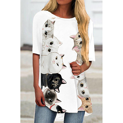 

Women's T Shirt Dress Tee Dress Short Mini Dress White Rainbow Half Sleeve Cat Animal Print Spring Summer Round Neck Casual 2021 S M L XL XXL 3XL