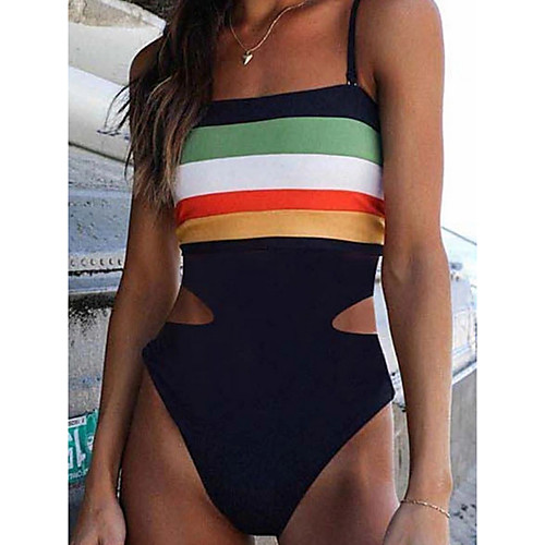 

Women's One Piece Monokini Swimsuit Push Up Slim Color Block Stripe Black Swimwear Camisole Padded Bathing Suits New Casual Sexy