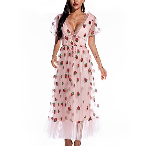 

Women's A Line Dress Maxi long Dress Pink High elasticity Short Sleeve Print Solid Color Patchwork Print Summer V Neck Casual Puff Sleeve 2021 S M L XL XXL