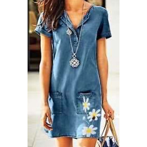 

Women's Denim Dress Short Mini Dress Navy Blue Gray Light Blue Short Sleeve Floral Print Summer V Neck Casual 2021 S M L XL XXL 3XL
