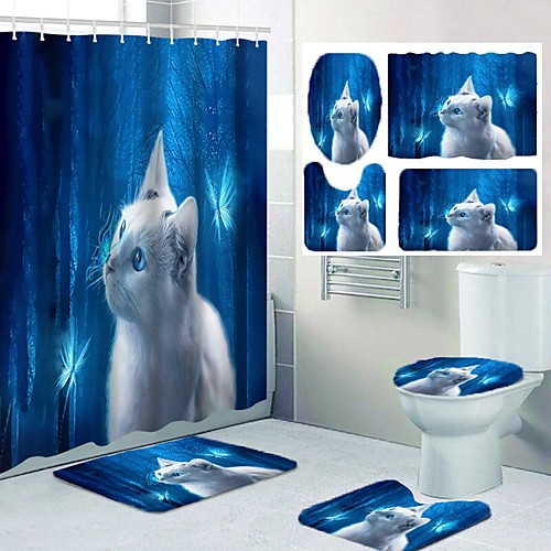 

Cute Cat Pattern Digital Printing Bathtub Curtain Lining Covering Waterproof Fabric Shower Curtain for Bathroom Home Decoration with Hook Floor Mat and Four-piece Toilet Mat