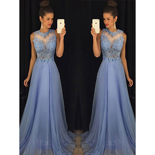 

A-Line Empire Prom Formal Evening Dress Jewel Neck Sleeveless Sweep / Brush Train Chiffon with Beading Appliques 2021