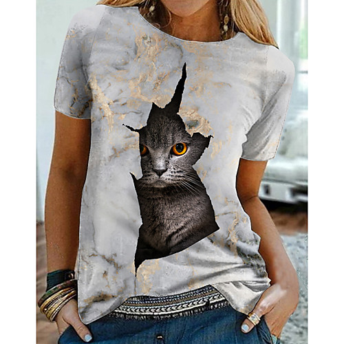 

Women's T shirt Cat Graphic 3D Print Round Neck Tops Basic Basic Top Gray