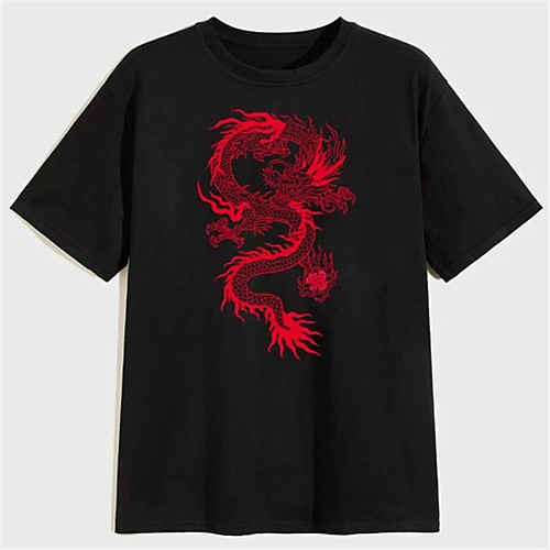 

Men's T shirt Hot Stamping Dragon Deer Print Short Sleeve Casual Tops 100% Cotton Casual Fashion White Black