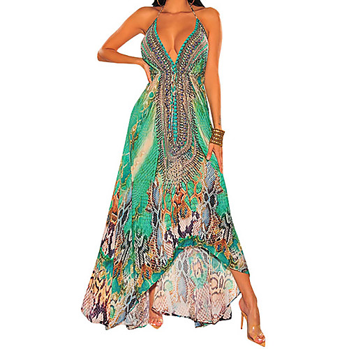 

Women's Swing Dress Maxi long Dress Blue Red Green Light Green Sleeveless Print Sequins Plus High Low Print Summer V Neck Elegant Sexy 2021 S M L XL