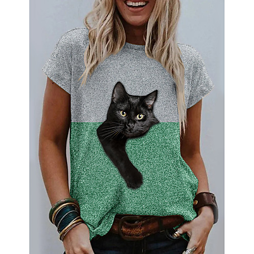 

Women's T shirt Cat Graphic 3D Print Round Neck Tops Basic Basic Top Wine Green Gray