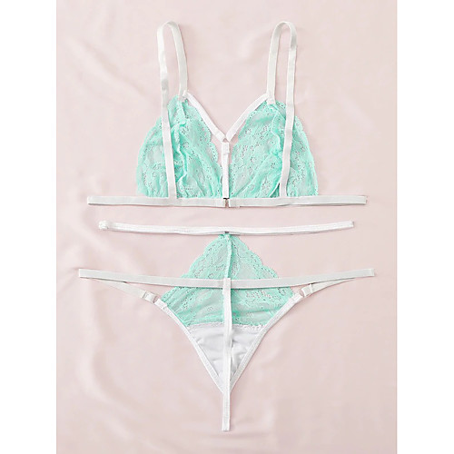 

Women's Layered Lace Hole Matching Bralettes Suits Nightwear Solid Colored Embroidered Bra Green XS S M