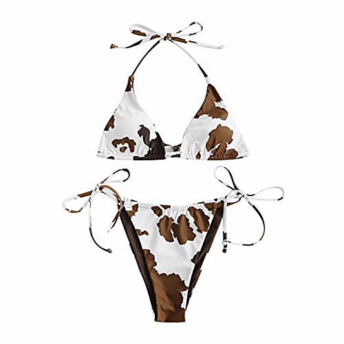 

vintage summer women swimwear two piece swimsuit cow print bikini split sets plus size beachwear ladies monokinis brown