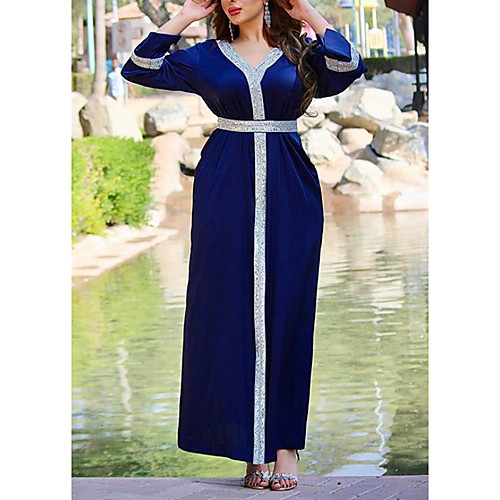 

Women's Kaftan Dress Maxi long Dress Blue Purple Long Sleeve Solid Color Patchwork Summer Round Neck Casual 2021 S M L XL XXL