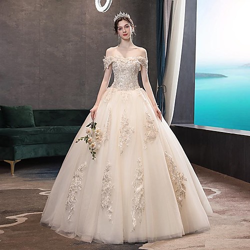 

Princess Ball Gown Wedding Dresses Off Shoulder Floor Length Lace Tulle Sequined Short Sleeve Formal Romantic Luxurious Sparkle & Shine with Pleats Appliques 2021