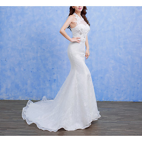 

Mermaid / Trumpet Wedding Dresses Halter Neck Sweep / Brush Train Lace Tulle Sleeveless Formal Romantic with Appliques 2021