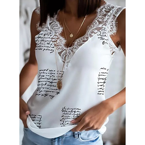 

Women's Camisole Letter Patchwork Lace Trims Print V Neck Tops Sexy Basic Top White Black Light Brown