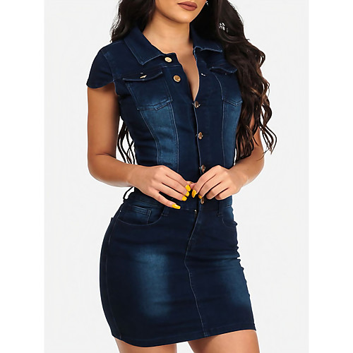 

Women's Denim Dress Short Mini Dress Navy Blue Short Sleeve Solid Color Pocket Summer Shirt Collar Casual Cotton 2021 S M L XL XXL