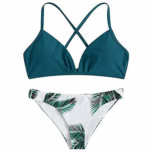 

nmqlx women's back lace-up swimsuit, leaf print padded bikini set, high cut two piece bathing suit (blue, l)