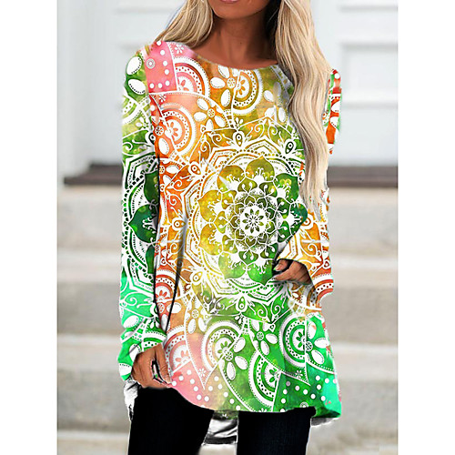 

Women's T Shirt Dress Tee Dress Short Mini Dress Green Rainbow Long Sleeve Print Print Spring Summer Round Neck Casual 3D Print S M L XL XXL 3XL