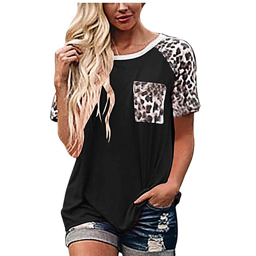 

Women's T shirt Leopard Patchwork Round Neck Tops Sexy Basic Top White Black Blue