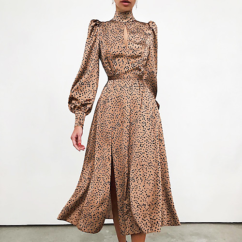 

Women's A Line Dress Midi Dress Khaki Long Sleeve Polka Dot Fall Spring Turtleneck Casual 2021 S M L