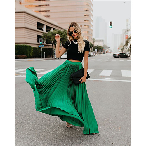 

Women's Elegant Streetwear Swing Ankle-Length Skirts Street Holiday Solid Colored Pleated Blushing Pink Black Green S M L / Maxi