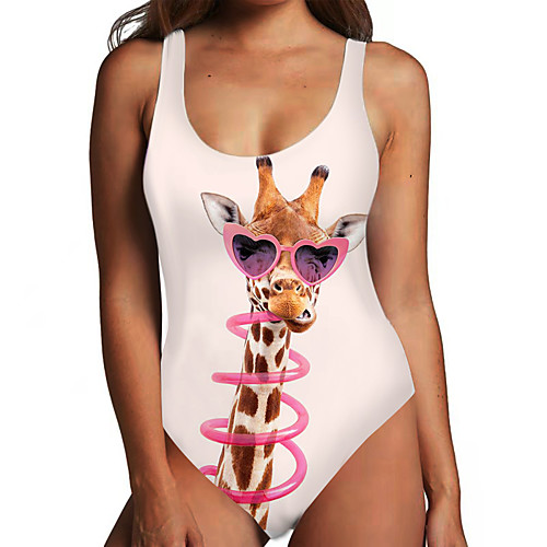 

Women's One Piece Monokini Swimsuit Tummy Control Print Color Block Animal White Swimwear Bodysuit Strap Bathing Suits New Fashion Cute