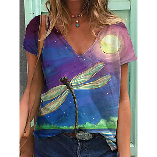 

Women's T shirt Animal Print V Neck Tops Cotton Basic Basic Top Rainbow