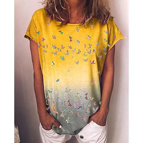 

Women's T shirt Color Gradient Graphic Butterfly Print Round Neck Tops Basic Basic Top Blue Yellow Green