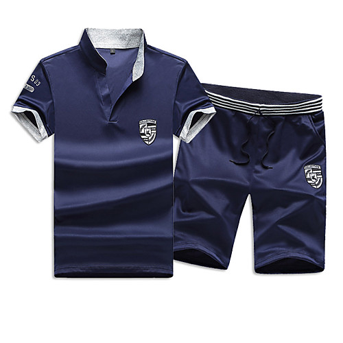 

Men's Sweatsuit 2 Piece Set Stripe Shirt Collar Sport Athleisure Clothing Suit Short Sleeves Breathable Soft Comfortable Exercise & Fitness Everyday Use Outdoor Fitness Exercising / 2pcs / pack