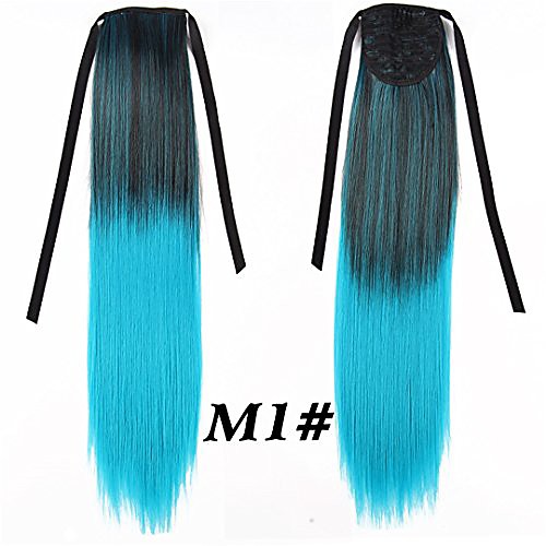 

long straight clip in ponytail hair pieces blonde gray blue green red synthetic pony tail extensions #99 20inches