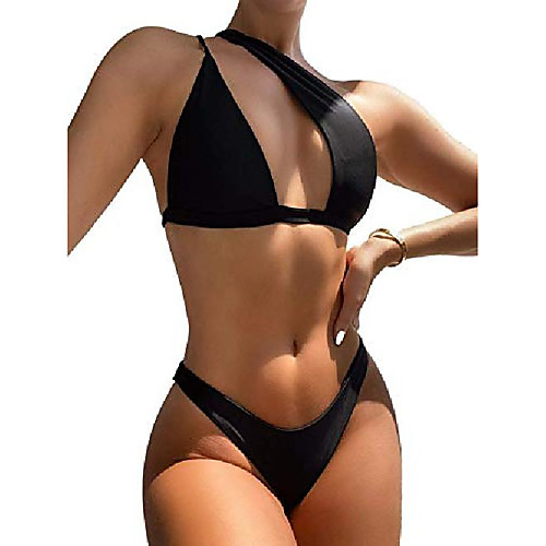 

sexy cutout one shoulder high cut thong brazilian bikini swimsuit set for women cheeky bottom padded bathing suit 2 piece black small
